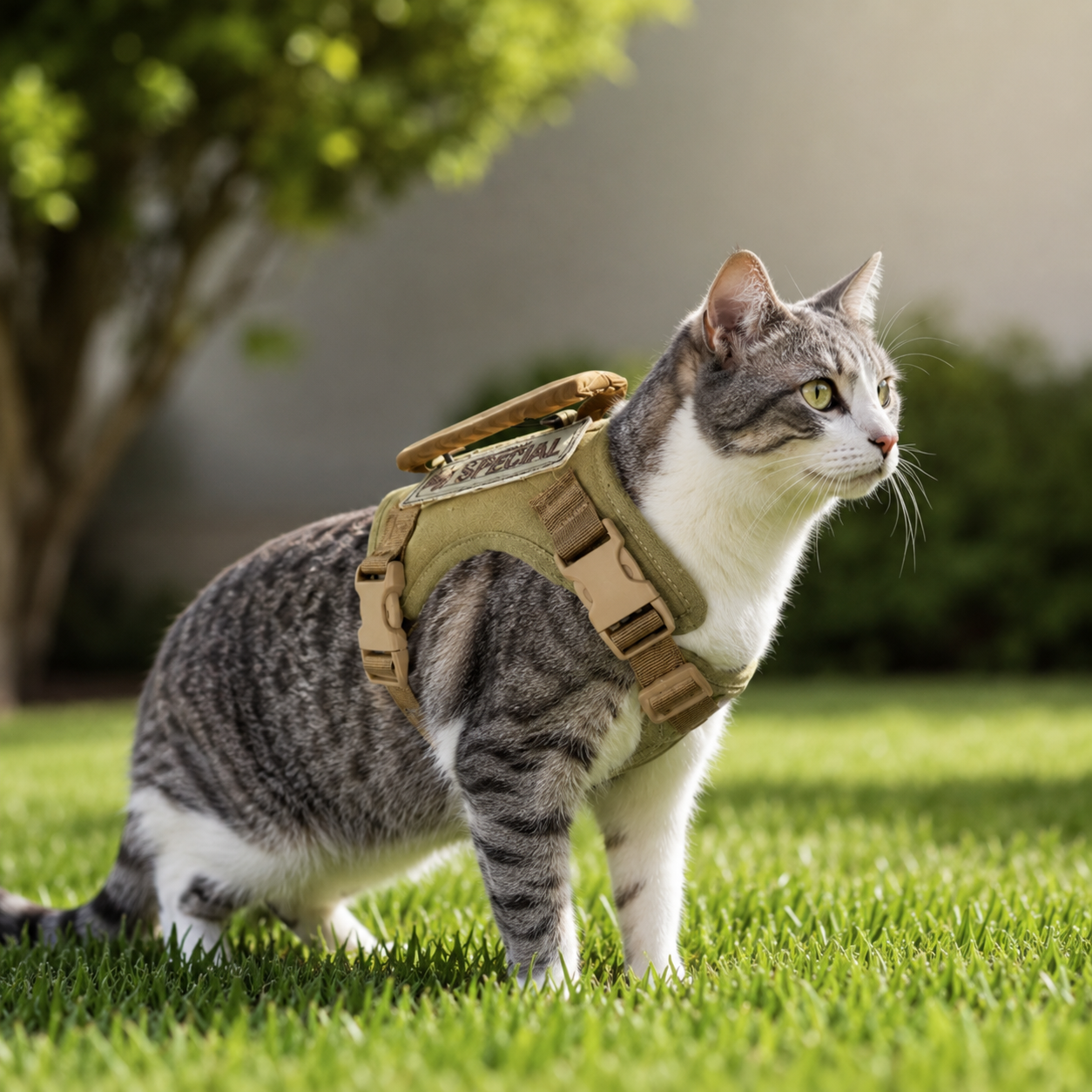 Arnés Táctico Caqui para Gato con Correa Ajustable